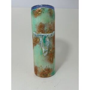 Handmade 3D Bull Skull Epoxy Tumbler MintGreen Gold Glitter Insulated Travel Mug